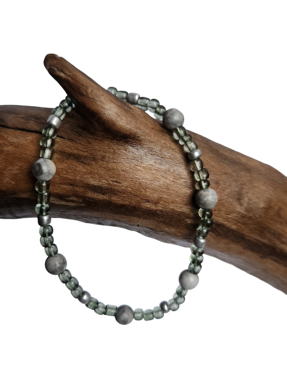 Handmade Gray Picture Jasper and Olive Beaded Stretch Bracelet